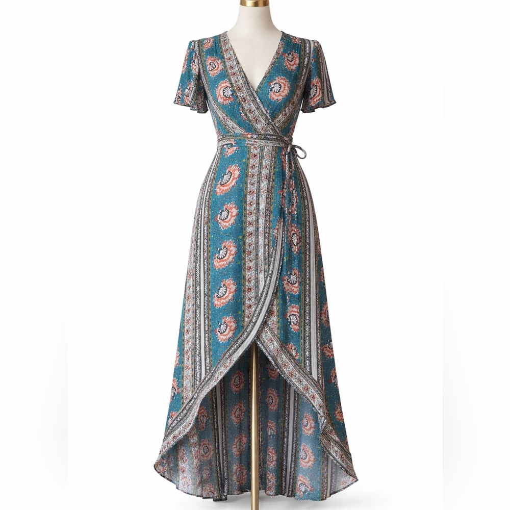 BLUE RAIN HIGH LOW WRAP MAXI DRESS XS
